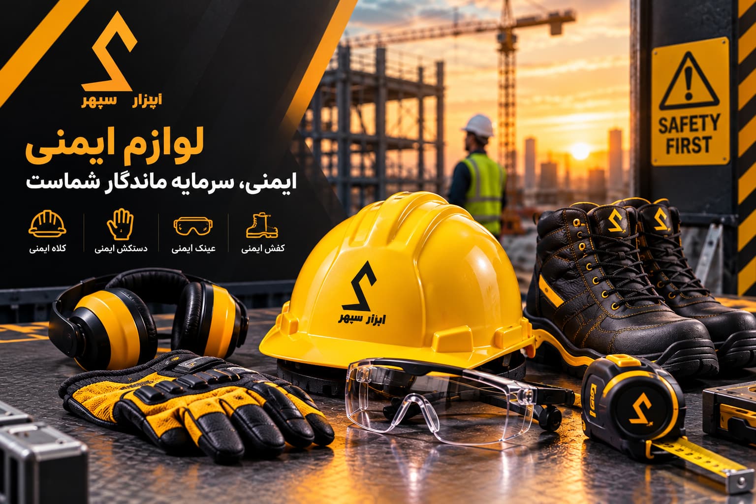 لوازم ایمنی ابزار سپهر شامل کلاه ایمنی، دستکش، عینک، کفش و گوشی محافظ در محیط صنعتی